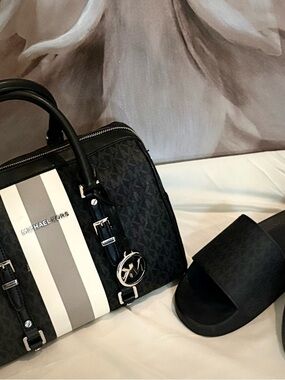 Michael Kors Black Logo Dome Satchel with Stripe